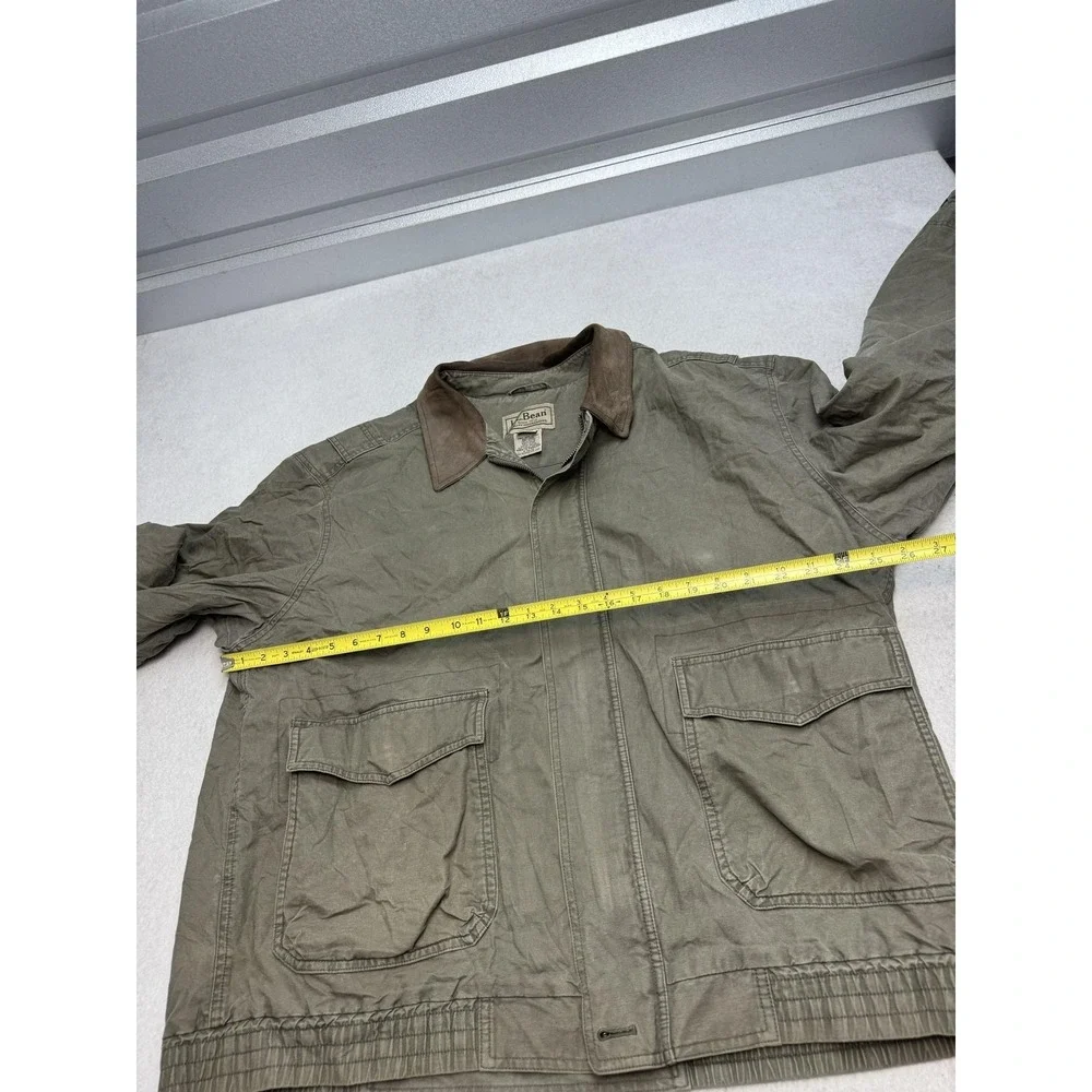 L.L.Bean Jacket Mens 2XL Green Canvas Leather Collar Bomber Workwear Lined